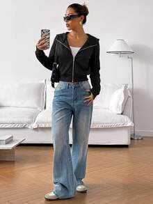 SHEIN EZwear 女款休閒基礎舒適黑色長袖連帽衛衣（秋冬款）運動女裝秋冬套裝 - 黑色 - 查看 3