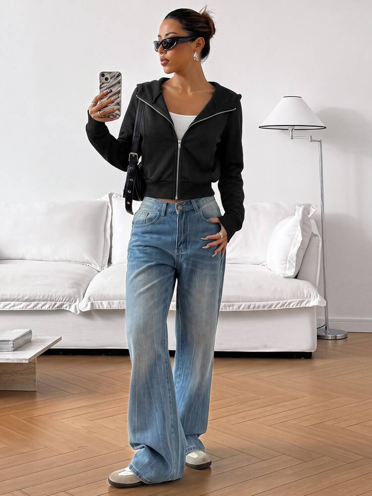 SHEIN EZwear Women's Casual Basic Comfortable Black Long-Sleeve Hooded Sweatshirt (Autumn/Winter Style) Workout Women's Sportswear Fall/Winter Sets - Black - View 3