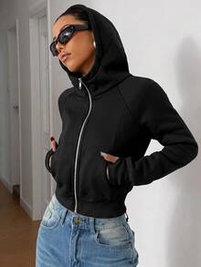 SHEIN EZwear 女款休閒基礎舒適黑色長袖連帽衛衣（秋冬款）運動女裝秋冬套裝 - 黑色 - 查看 6