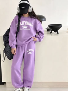 青少年女孩休閒圖案運動套裝，青色秋季返校兩件套，口號印花寬鬆圓領衛衣與直筒長褲，校園風 - 紫色 - 查看 1