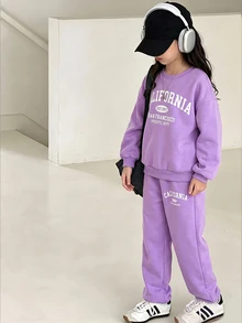青少年女孩休閒圖案運動套裝，青色秋季返校兩件套，口號印花寬鬆圓領衛衣與直筒長褲，校園風 - 紫色 - 查看 4