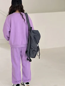 青少年女孩休閒圖案運動套裝，青色秋季返校兩件套，口號印花寬鬆圓領衛衣與直筒長褲，校園風 - 紫色 - 查看 2