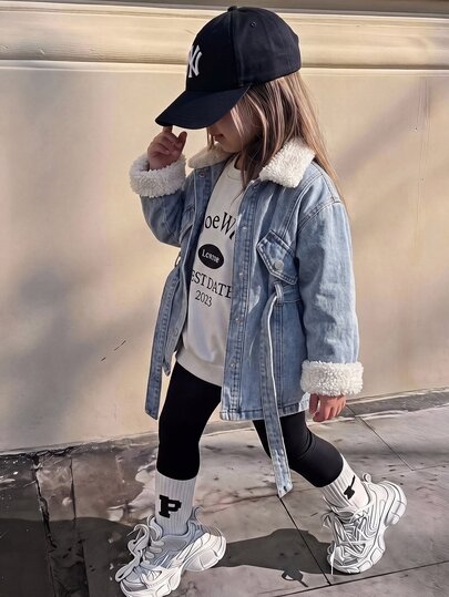 SHEIN Young Girl Young Girl Young Girl Fall/Winter Warm Fleece Lined Blue Collar Long Jacket With Waist , For Young Girls School Clothes, Warm Jacket, Christmas