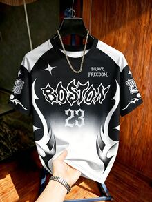 Aesthetic Post Black And White Color-Block Short Sleeve T-Shirt With Boston 23 Graphic For Casual Streetwear - Multicolor - View 3