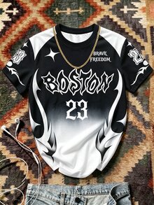 Aesthetic Post Black And White Color-Block Short Sleeve T-Shirt With Boston 23 Graphic For Casual Streetwear - Multicolor - View 1