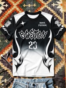 Aesthetic Post Black And White Color-Block Short Sleeve T-Shirt With Boston 23 Graphic For Casual Streetwear - Multicolor - View 4