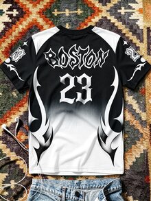 Aesthetic Post Black And White Color-Block Short Sleeve T-Shirt With Boston 23 Graphic For Casual Streetwear - Multicolor - View 2