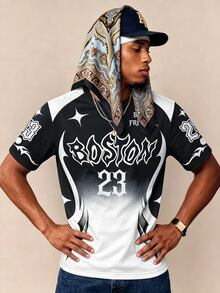 Aesthetic Post Black And White Color-Block Short Sleeve T-Shirt With Boston 23 Graphic For Casual Streetwear - Multicolor - View 5