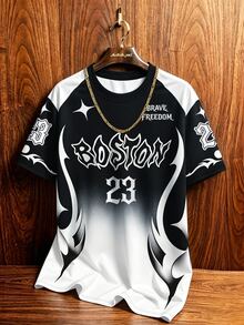 Aesthetic Post Black And White Color-Block Short Sleeve T-Shirt With Boston 23 Graphic For Casual Streetwear - Multicolor - View 6