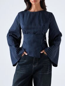 LYSMO 女款時尚海軍藍喇叭袖綁帶式包覆襯衫 辦公室早午餐 秋季商務休閒 法式優雅 教師節 - 藏蓝色 - 查看 5