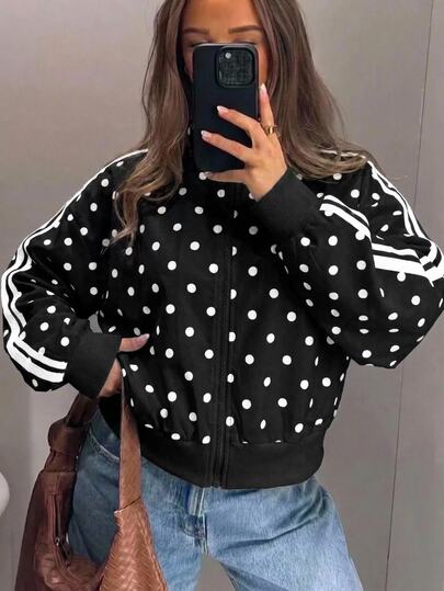 Aloruh Women's New Autumn/Winter Polka Dot Striped Stand Collar Zipper Regular Jacket With Pockets, Suitable For Outings, Streetwear, Daily Wear, Sports Jacket, Early Fall Outfits