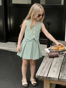 SHEIN 2件組復古西裝背心與百褶裙套裝，優雅薄荷綠夏季穿搭，適合7歲生日小女孩的青少年校園服裝套裝 - 綠色 - 查看 4
