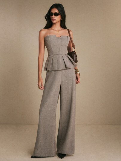 Poéselle Women's Taupe Two-Piece Pants Set, Strapless Corset Peplum Top And High-Waisted Wide-Leg Trousers, Elegant Tailored Matching Outfit Fall/Winter