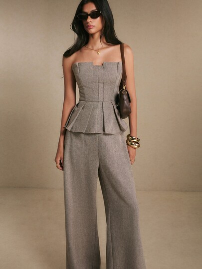 Poéselle Women's Taupe Two-Piece Pants Set, Strapless Corset Peplum Top And High-Waisted Wide-Leg Trousers, Elegant Tailored Matching Outfit Fall/Winter