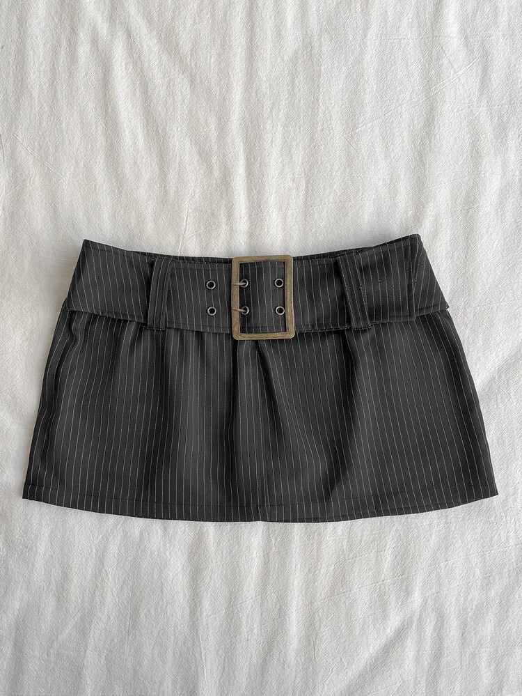 Attitoon Women's Casual Minimalist Retro Punk Y2K Versatile Party Skirt, Dark Gray And White Striped, Vintage Metal Buckle Short Skirt, Music Festival Outfit, Gothic Style, Women's Summer Outfit - Dark Grey - View 6