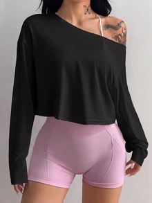 Coolane Women's Solid Color Asymmetrical Shoulder Long Sleeve Sports T-Shirt - Black - View 2