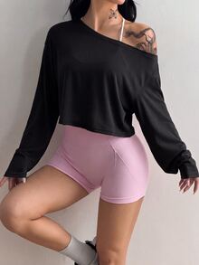 Coolane Women's Solid Color Asymmetrical Shoulder Long Sleeve Sports T-Shirt - Black - View 6