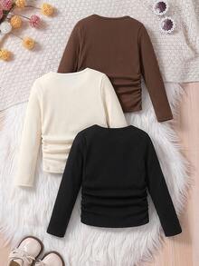 SHEIN 女童 3 件組針織素色圓領抓皺休閒 T 恤套裝 - 彩色 - 查看 2