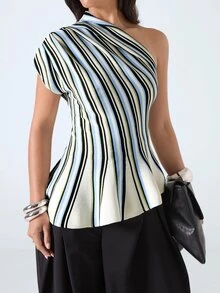 LYSMO 2026 New Minimalist Mature Elegant Spring/Summer Women's Contrast Stripe Asymmetric Knit Sweater Brunch Date Blue And White Striped - Multicolor - View 4