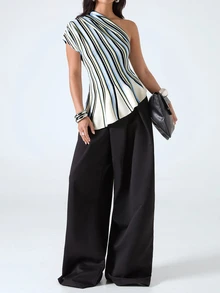 LYSMO 2026 New Minimalist Mature Elegant Spring/Summer Women's Contrast Stripe Asymmetric Knit Sweater Brunch Date Blue And White Striped - Multicolor - View 7
