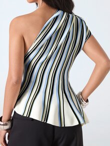 LYSMO 2026 New Minimalist Mature Elegant Spring/Summer Women's Contrast Stripe Asymmetric Knit Sweater Brunch Date Blue And White Striped - Multicolor - View 3