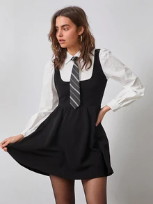 SHEIN EZwear Colorblock Puff Sleeve 2 In 1 Black Dress With Sleeves With Tie - Black and White - View 8