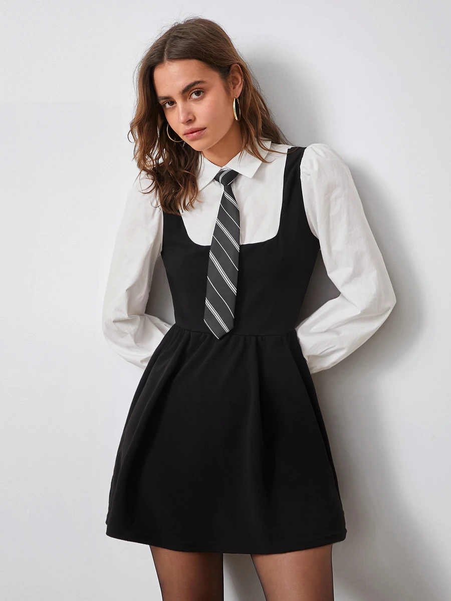 SHEIN EZwear Colorblock Puff Sleeve 2 In 1 Black Dress With Sleeves With Tie - Black and White - View 1