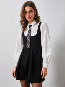 SHEIN EZwear Colorblock Puff Sleeve 2 In 1 Black Dress With Sleeves With Tie - Black and White - View 7
