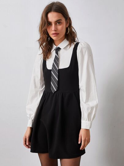 SHEIN EZwear Colorblock Puff Sleeve 2 In 1 Black Dress With Sleeves With Tie
