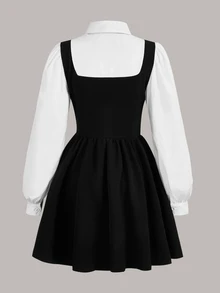 SHEIN EZwear Colorblock Puff Sleeve 2 In 1 Black Dress With Sleeves With Tie - Black and White - View 6