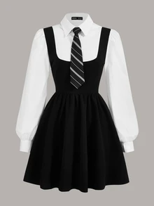 SHEIN EZwear Colorblock Puff Sleeve 2 In 1 Black Dress With Sleeves With Tie - Black and White - View 5