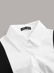 SHEIN EZwear Colorblock Puff Sleeve 2 In 1 Black Dress With Sleeves With Tie - Black and White - View 3