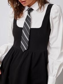 SHEIN EZwear Colorblock Puff Sleeve 2 In 1 Black Dress With Sleeves With Tie - Black and White - View 9