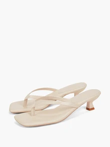 Eladyva Plus Size Summer New Soft Leather Square Toe Sandals, Thong Kitten Heel Sandals - Beige - View 5