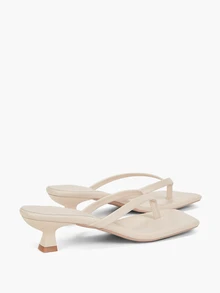 Eladyva Plus Size Summer New Soft Leather Square Toe Sandals, Thong Kitten Heel Sandals - Beige - View 9