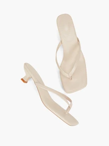 Eladyva Plus Size Summer New Soft Leather Square Toe Sandals, Thong Kitten Heel Sandals - Beige - View 7