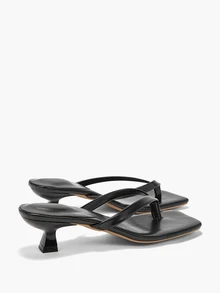 Eladyva Plus Size Summer New Soft Leather Square Toe Sandals, Thong Kitten Heel Sandals - Black - View 9