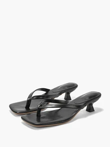 Eladyva Plus Size Summer New Soft Leather Square Toe Sandals, Thong Kitten Heel Sandals - Black - View 5