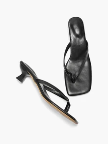 Eladyva Plus Size Summer New Soft Leather Square Toe Sandals, Thong Kitten Heel Sandals - Black - View 7