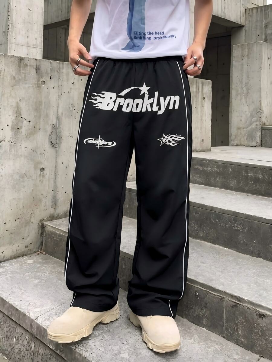 Teen Boy High Street Loose Wide Leg Sweatpants , Black Track Pants Flame Star Graphic Print Trousers For Fall Style School Wearing - Black - View 1