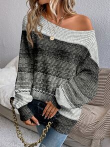 EMERY ROSE Women's Casual Cold Shoulder Sweater, Suitable For Autumn/Winter,Autumn Outfits For Women ,Casual,Winter Clothes,Fall Clothes For Women,Striped Top - Dark Grey - View 7