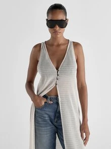 KSTM Open Front Maxi Knit Vest Duster With Deep Plunge V-Neck Button Detail Open Weave Texture Summer Beach Cover-Up Vacation Outfits Women - Apricot - View 4