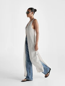 KSTM Open Front Maxi Knit Vest Duster With Deep Plunge V-Neck Button Detail Open Weave Texture Summer Beach Cover-Up Vacation Outfits Women - Apricot - View 2