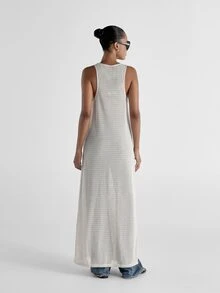 KSTM Open Front Maxi Knit Vest Duster With Deep Plunge V-Neck Button Detail Open Weave Texture Summer Beach Cover-Up Vacation Outfits Women - Apricot - View 3