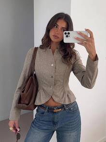Siren Gaze Fashion Women's Slim Fit Cropped Button Blazer, Ruffled Hem, Gold Buttons, Versatile Stylish Ruffle Top - Khaki - View 1