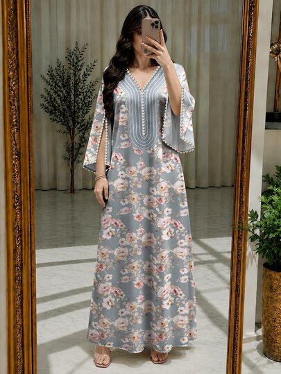 SHEIN Najma Gray-Blue Floral Plant Print Women's Ditsy Floral Dress, Autumn/Summer Fashion Pearl Trim V-Neck Split Bell Sleeve Loose Long Dress, Suitable For Daily Casual, Home And Vacation Outfits, Arabic Style Clothing