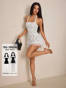 SHEIN PETITE 女款波點休閒性感日常夏季掛脖迷你洋裝，適合早午餐與外出，黑白波點蕾絲拼接下擺，夏秋款，適合嬌小女性 - 白色 - 查看 9