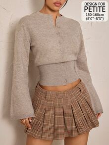 SHEIN PETITE Women's Front Button Long Sleeve Simple Cardigan - Camel - View 1