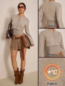 SHEIN PETITE Women's Front Button Long Sleeve Simple Cardigan - Camel - View 10