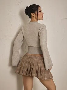 SHEIN PETITE Women's Front Button Long Sleeve Simple Cardigan - Camel - View 2